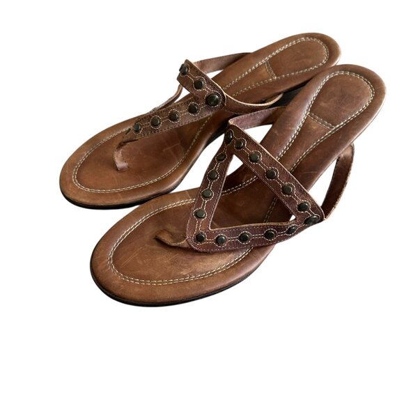 Frye Leather Slip On Slide Sandals Stud Detail Brown Low Wedge Heel Size 8.5 - Picture 4 of 12